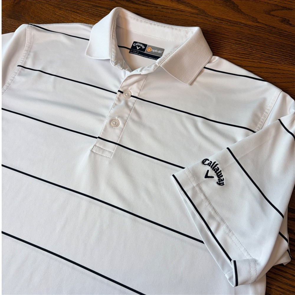Callaway Opti-Dri Mens Small White Striped Short Sleeve Golf Polo Shirt SU20898